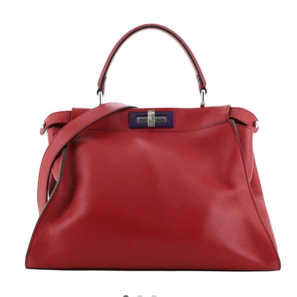 Auth Fendi red peekaboo iconic turn closure rigid leather top handle handbag - Picture 14 of 16